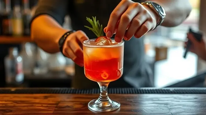 Visão das mãos de um bartender finalizando a montagem de um coquetel sofisticado e colorido em um bar.