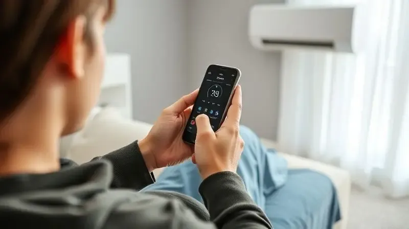 Pessoa usando um aplicativo de celular para controlar as funções de um ar-condicionado inteligente, com o aparelho ao fundo.