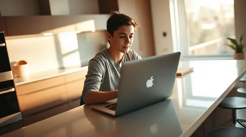 Pessoa sentada na cozinha pesquisando em um notebook sobre as melhores marcas de eletrodomésticos.