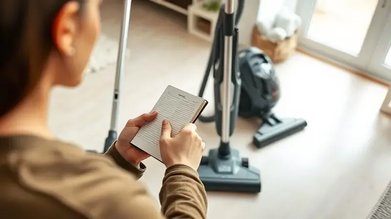 Pessoa em um ambiente doméstico fazendo anotações em um caderno enquanto compara dois modelos de aspiradores de pó.