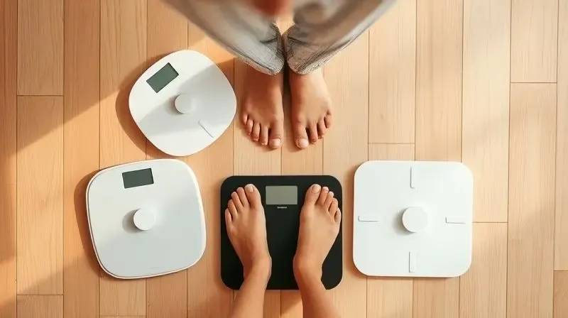 Pés de uma pessoa ao lado de três balanças digitais, simbolizando o processo de como escolher o melhor modelo.
