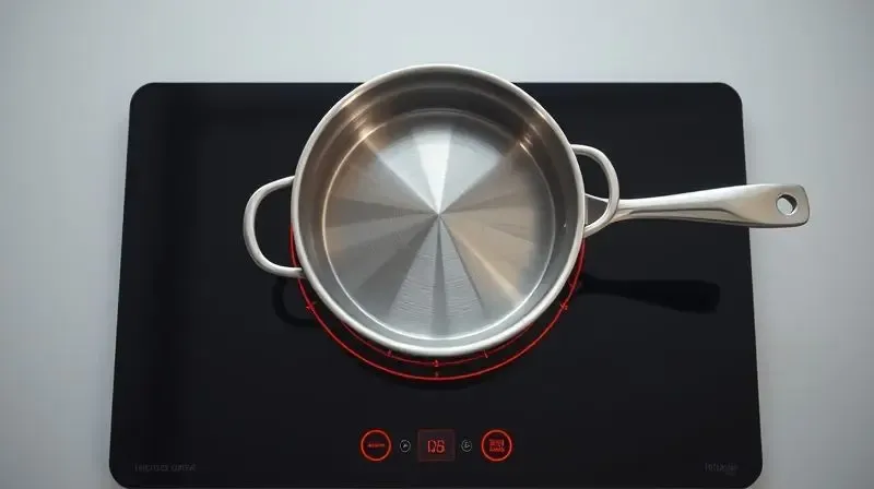 Panela de inox sobre um fogão de indução moderno e preto, com os círculos de aquecimento acesos em vermelho.