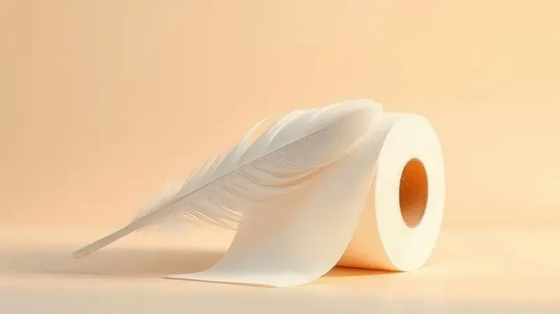 Uma pena branca tocando suavemente um papel higiênico macio, simbolizando o cuidado dermatológico e a suavidade para a pele.