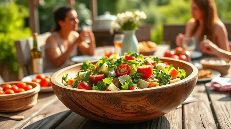 Uma gamela de madeira grande cheia de salada colorida sendo usada em um churrasco, demonstrando sua funcionalidade e charme em reuniões.