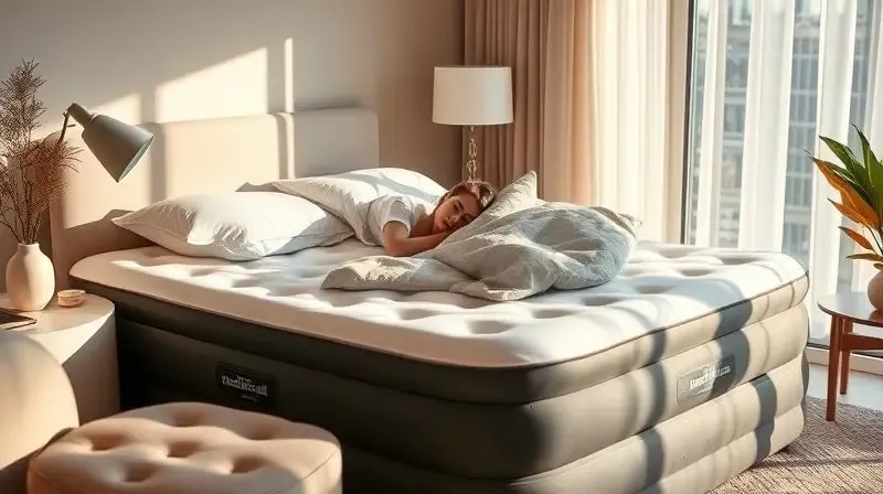 Pessoa dormindo tranquilamente em um colchão inflável alto e de qualidade, montado como uma cama confortável.