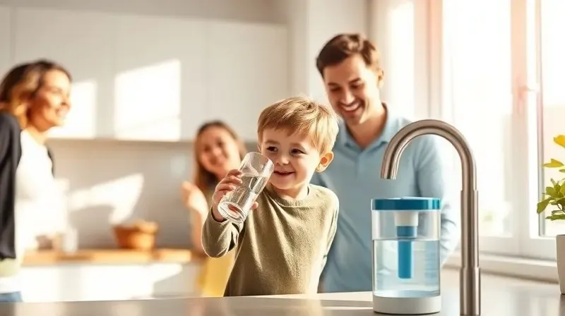Família sorrindo em uma cozinha clara enquanto uma criança bebe um copo de água fresca do purificador.