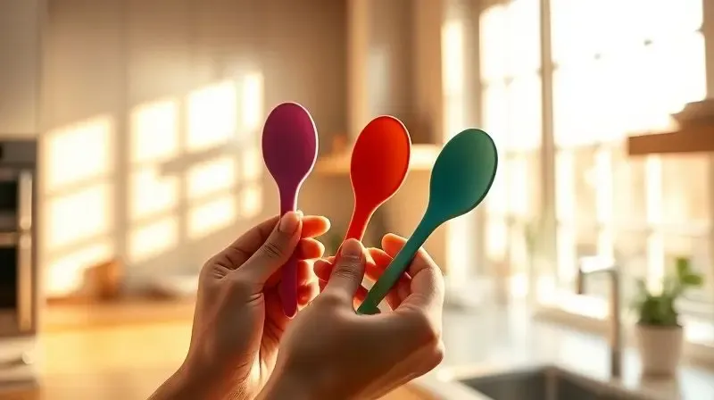 Mãos de uma pessoa analisando três colheres de silicone de cores e formatos diferentes, representando o processo de escolha do utensílio ideal.