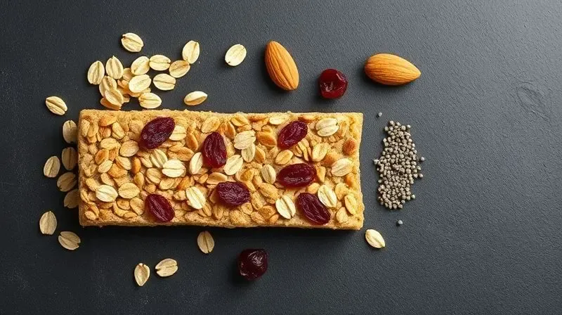 Ingredientes de uma barra de cereal, como aveia, amêndoas e frutas secas, artisticamente arranjados em uma superfície escura.