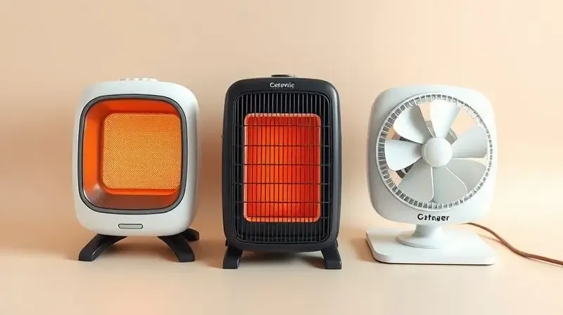 Foto minimalista mostrando três tipos de aquecedores portáteis – cerâmico, a óleo e de ventoinha – organizados em um fundo neutro.