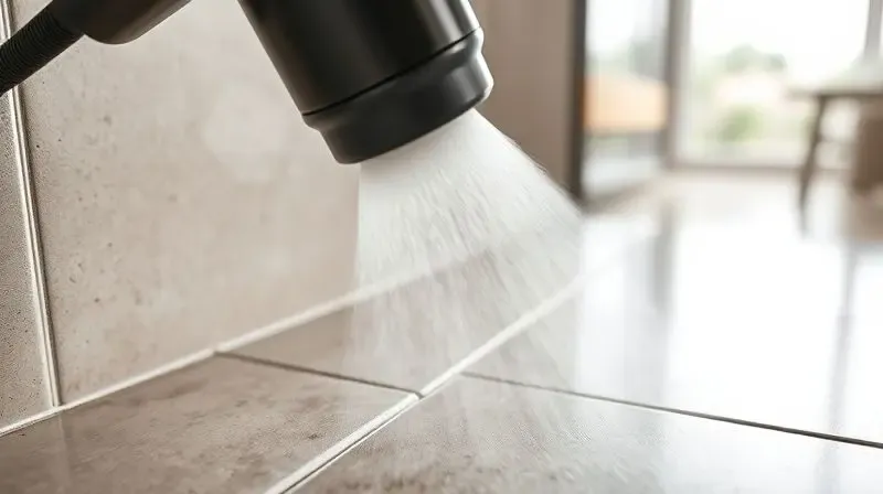 Close-up de um bico de limpador a vapor soltando vapor para remover sujeira de um rejunte de azulejo em uma cozinha.