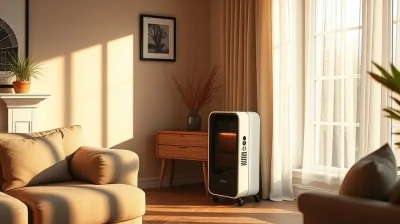 Sala de estar aconchegante e aquecida, com um aquecedor portátil moderno posicionado de forma segura no canto do ambiente.