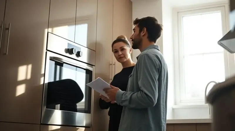 Pessoa em uma cozinha moderna, analisando um fogão de embutir com um caderno na mão, em processo de escolha do aparelho ideal.