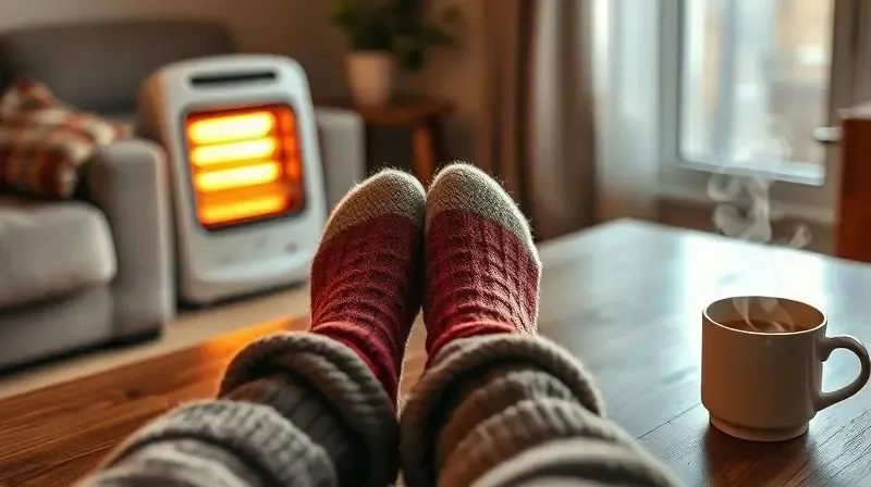 Cena aconchegante com pés de meias de lã, xícara de bebida quente e um aquecedor portátil ao fundo, criando um ambiente quente e confortável.