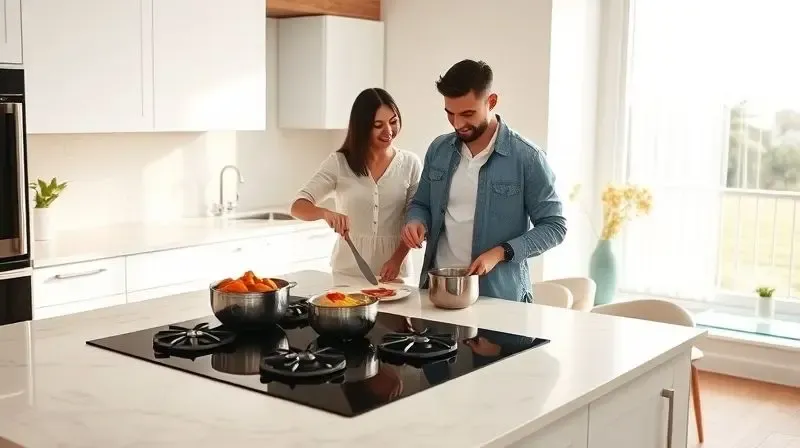 Photorealistic image of a bright and modern kitchen, a young couple is happily cooking a meal together on a sleek black 4-bur
