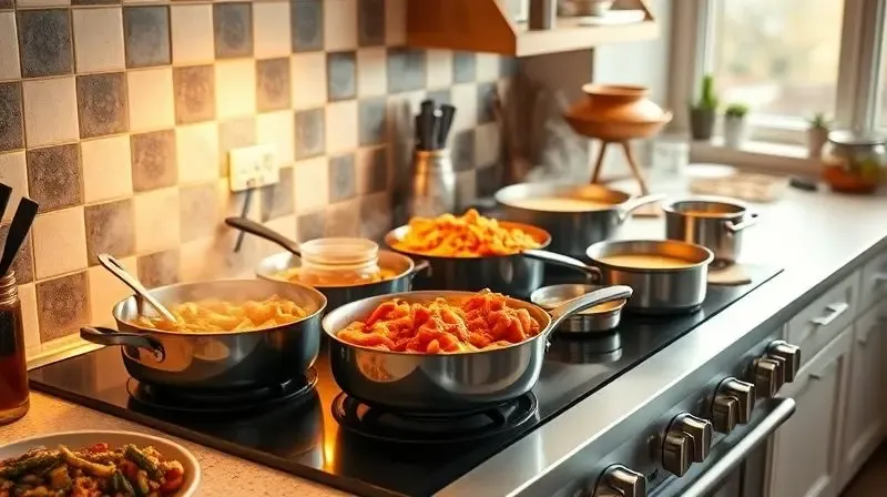 Photorealistic image of a large, delicious feast being prepared on a modern 5-burner stove, with multiple pots and pans steam