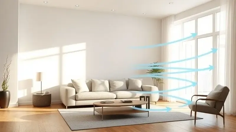Setas azuis ilustram a circulação de ar por todos os cantos de uma sala de estar, demonstrando a ação de um circulador de ar.