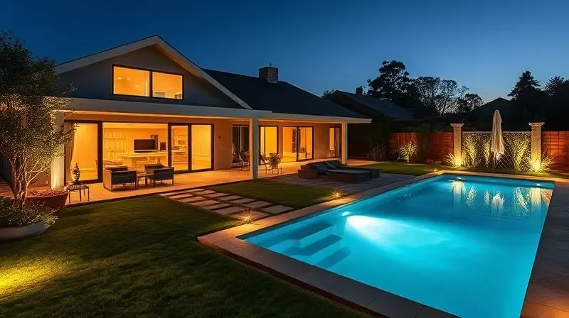 Jardim e área de piscina de uma casa moderna iluminados de forma elegante e segura por refletores LED.