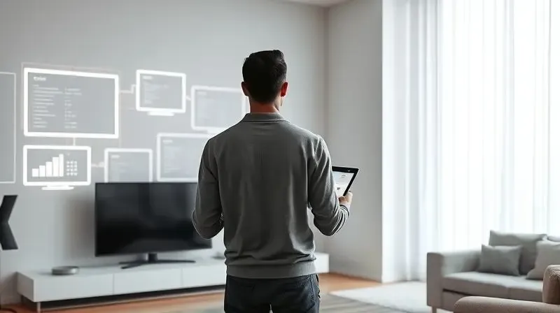 Photorealistic image of a person standing in a minimalist, modern living room, thoughtfully examining a wall with holographic