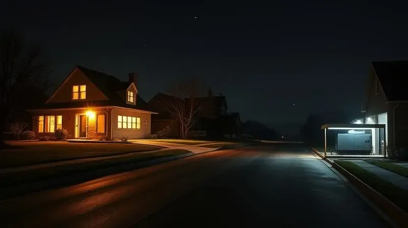 Casa iluminada em uma vizinhança escura, demonstrando o funcionamento de um gerador de energia durante uma queda de luz.