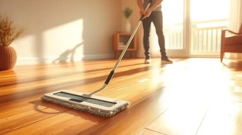 Pessoa varrendo um piso de madeira limpo e brilhante em uma sala ensolarada, demonstrando a satisfação de uma boa limpeza.