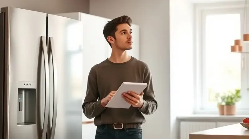 Photorealistic image of a thoughtful person standing in a bright, modern kitchen, looking at a sleek refrigerator with a note