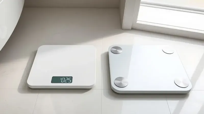 Dois modelos de balança digital corporal lado a lado em um piso de banheiro, uma simples e outra com sensores de bioimpedância.