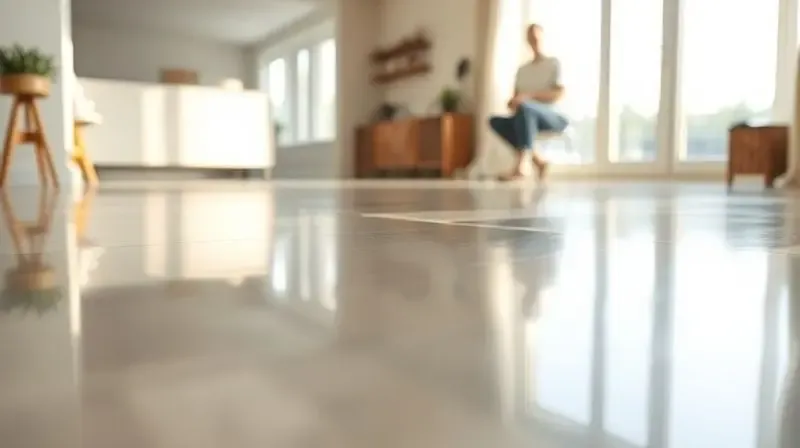 Piso de porcelanato brilhante e recém-limpo, refletindo a luz suave de uma janela, com uma pessoa satisfeita ao fundo.