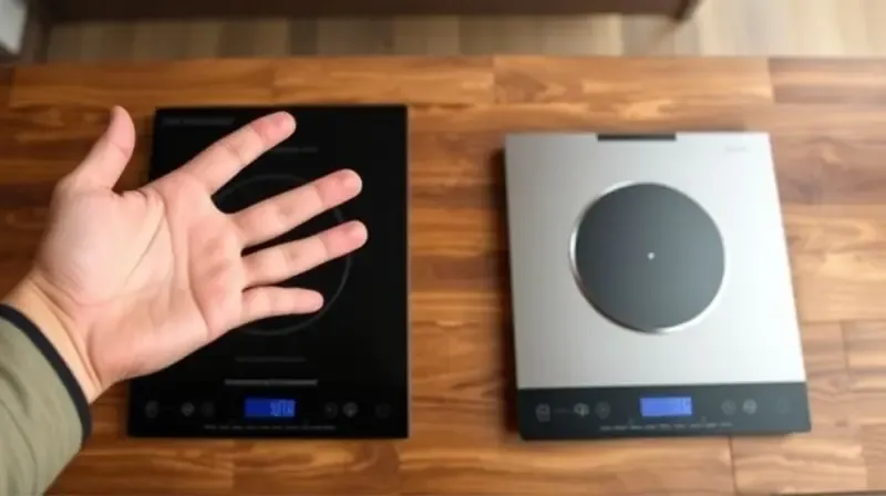 Photorealistic shot from a person's point of view, looking down at two different single-burner induction cooktops on a wooden
