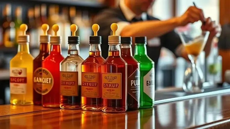 Diversas garrafas de xaropes coloridos em uma bancada de bar, com um bartender ao fundo preparando um drink.
