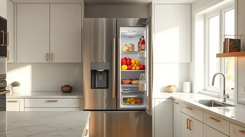 Uma geladeira side by side de inox em uma cozinha moderna, com as duas portas abertas mostrando os alimentos organizados no freezer e refrigerador.