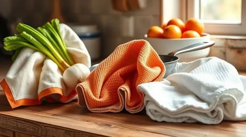 Cozinha com panos de prato sendo usados para secar vegetais, segurar uma panela quente e ao lado de uma fruteira, demonstrando sua versatilidade.