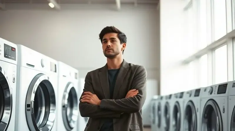 Pessoa analisando duas máquinas lava e seca lado a lado em uma loja de eletrodomésticos com design moderno e claro.