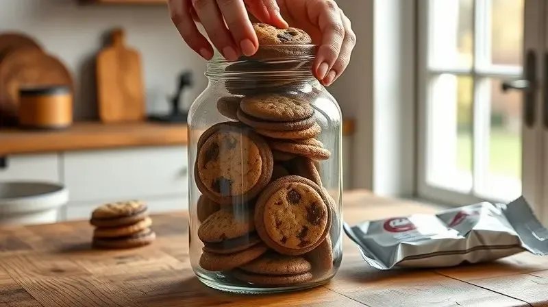 Mãos guardando biscoitos recheados em um pote de vidro com tampa para preservar a crocância e o sabor.