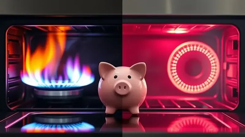 Comparativo visual entre forno a gás, com chama azul, e forno elétrico, com resistência vermelha, e um porquinho-mealheiro no centro simbolizando economia.