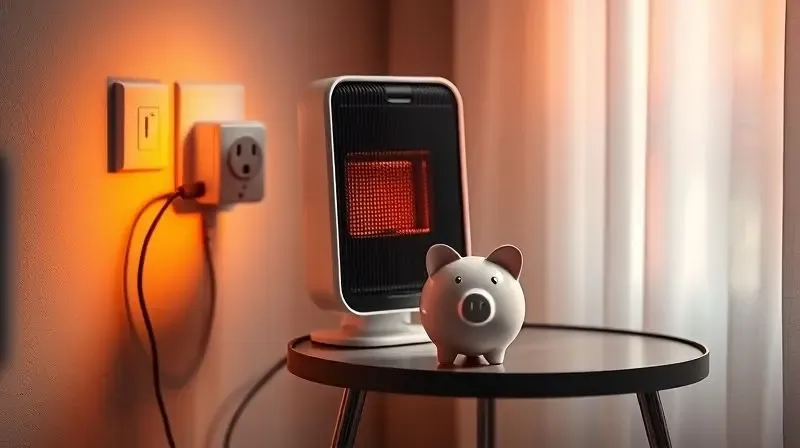 Um aquecedor elétrico portátil moderno ao lado de um cofrinho, simbolizando a relação entre o uso de energia e os custos de eletricidade.