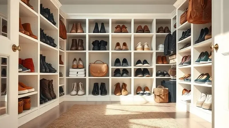 Um closet ou entrada de casa com sapatos perfeitamente arrumados em um organizador, criando um ambiente limpo, espaçoso e livre de desordem.