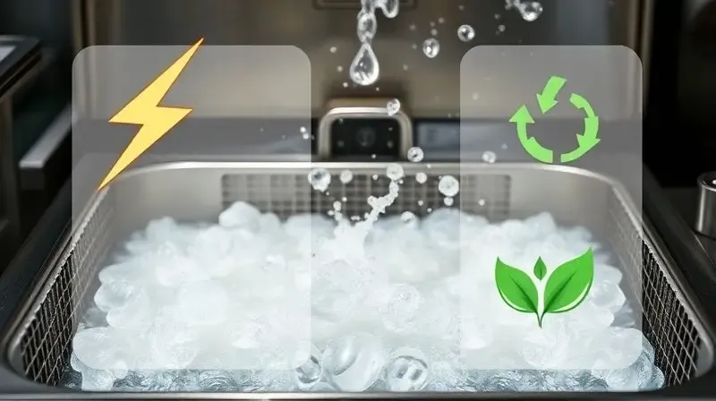 Fritadeira industrial em funcionamento com ícones sobrepostos de raio para potência e folha para consumo energético.