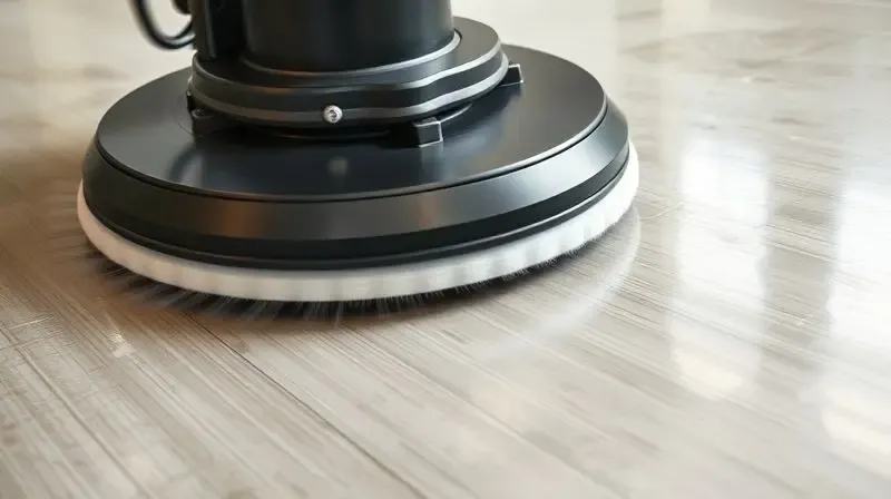 Close-up do disco de uma enceradeira em alta rotação, demonstrando a potência e RPM da máquina em um piso brilhante.