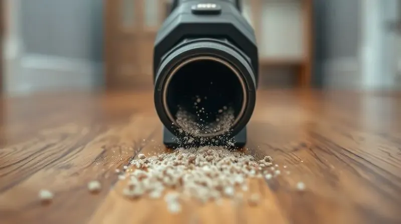 Imagem conceitual mostrando o poder de sucção de um aspirador de pó, com partículas de poeira sendo puxadas de um piso de madeira.