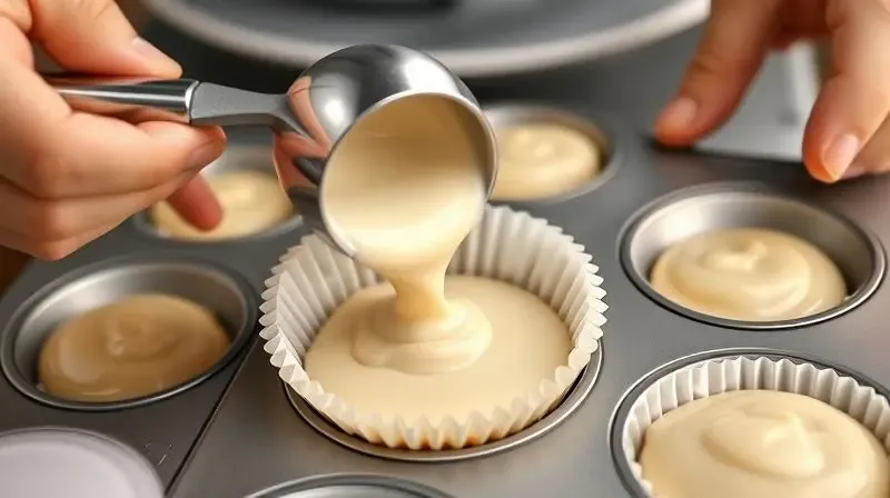 Mão de confeiteira enchendo uma forminha de cupcake com a quantidade correta de massa, demonstrando a técnica para assar perfeitamente.