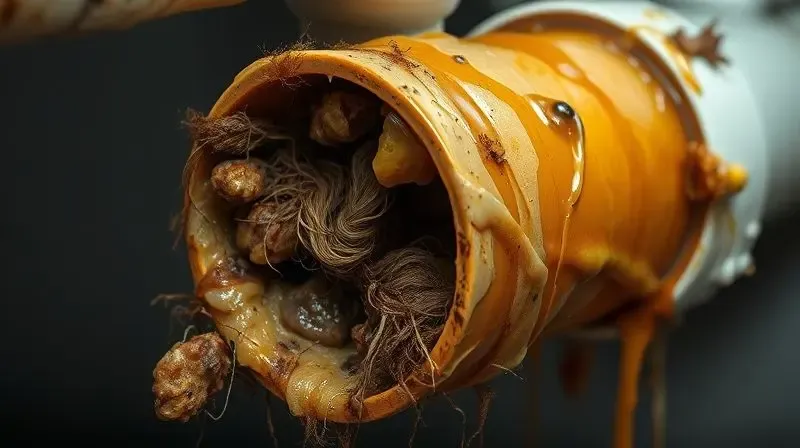 Visão em corte de um cano de PVC entupido, mostrando em detalhe as principais causas do problema: gordura solidificada, cabelos e restos de comida.