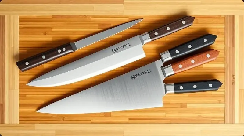 Visão de cima de três tipos de facas japonesas para sushi, uma Yanagiba, uma Santoku e uma Deba, organizadas em uma tábua de bambu.
