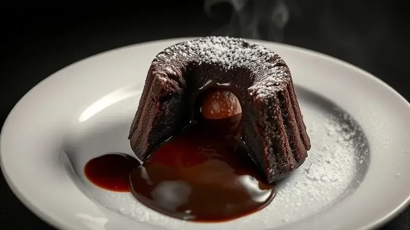 Um petit gâteau de chocolate em um prato, com o recheio cremoso escorrendo, ilustrando o uso de bombons de caixa em sobremesas.