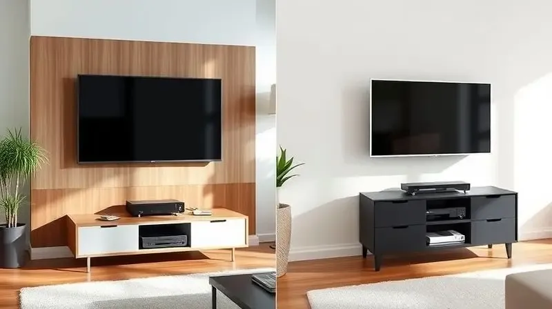 Comparativo visual mostrando a diferença entre um rack com painel de TV integrado e um rack para sala sem painel, ajudando na escolha.