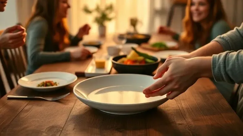 Um prato de jantar durável sendo usado em uma mesa de jantar familiar, ilustrando a resistência e durabilidade do aparelho para o uso diário.