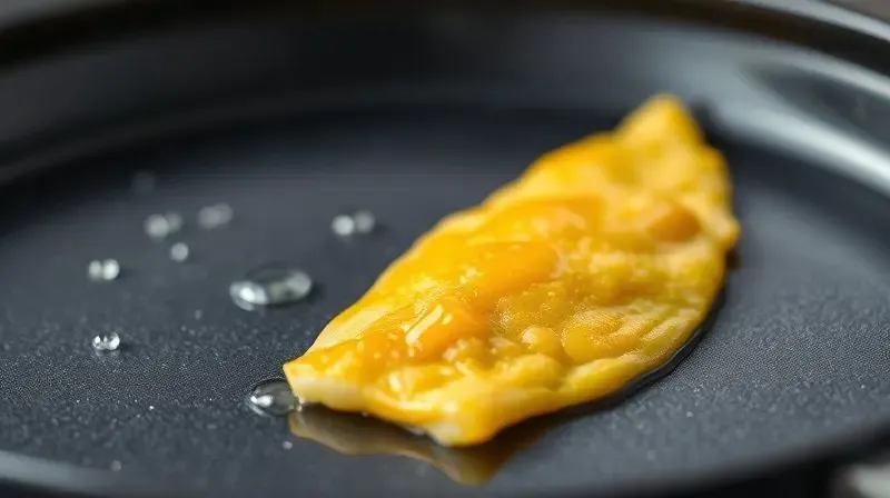 Close-up de um omelete deslizando facilmente da superfície de uma omeleteira com revestimento antiaderente, demonstrando sua qualidade.