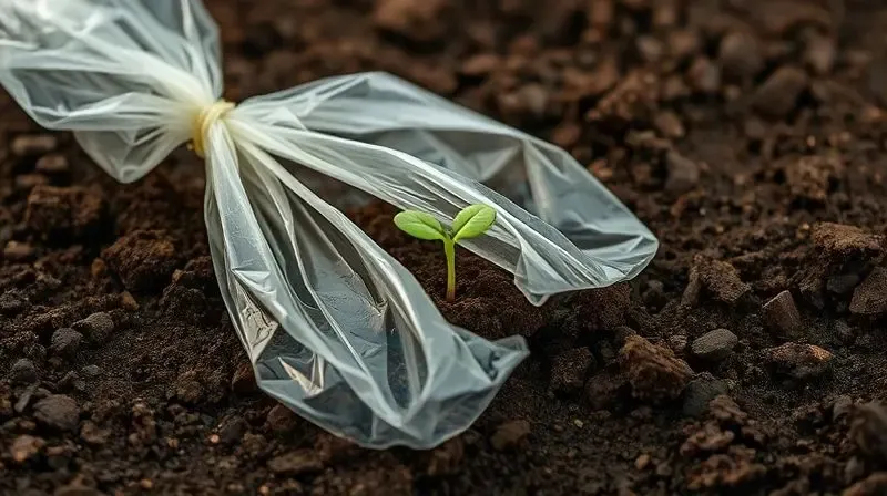 Imagem conceitual de um saco de lixo biodegradável se decompondo no solo, com raízes de plantas crescendo através dele, ilustrando o processo.