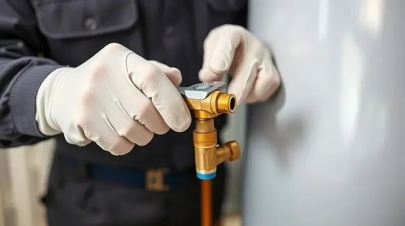 Shallow depth-of-field photo focusing on the hands of a uniformed technician wearing clean gloves, the technician is using a 