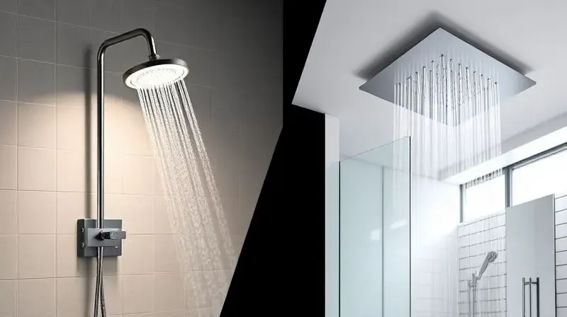 Comparativo visual entre um chuveiro elétrico tradicional à esquerda e uma ducha moderna de teto à direita em um banheiro.