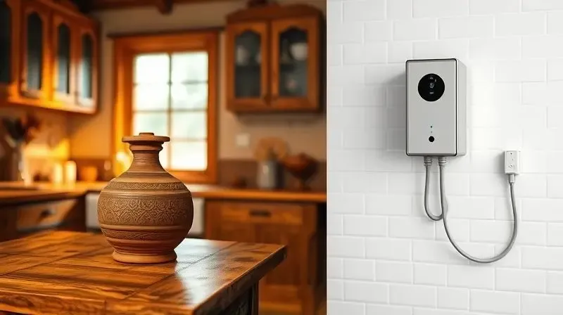 Imagem dividida comparando um filtro de barro tradicional em uma cozinha rústica e um purificador de água elétrico em uma cozinha moderna.